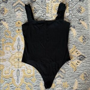 Sunday Best- Sz M- Black Ribbed Bodysuit with Ruffle Straps